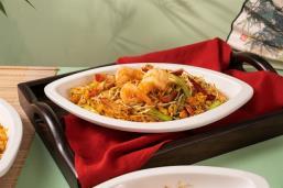 Wok-Fried Singapore Style Vermicelli with Shrimp  Char Siu