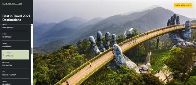 Lonely Planet names Đà Nẵng among the Best in Travel 2027, choosing Golden Bridge as the feature image
